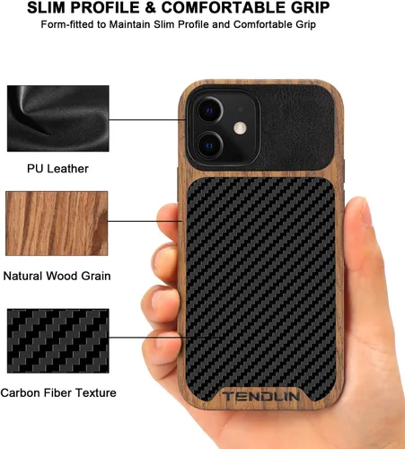 Vista 3 de TENDLIN Compatible con iPhone 12 Mini Funda de Grano de Madera con Textura de Fibra de Carbono Diseño de Cuero Híbrido Funda Negra