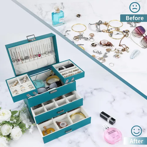 Vista 2 de Dajasan Organizador de joyero, caja organizadora de joyas, caja de almacenamiento de joyería de cuero de 4 capas, idea de regalo para mujeres