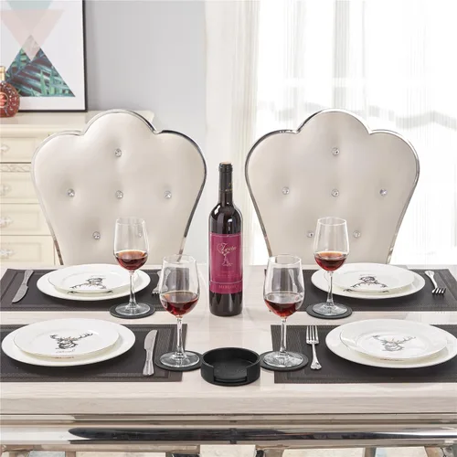 Vista 6 de Posavasos divertidos, 6 posavasos de cuero con soporte, regalo perfecto para inauguración de la casa, protege los muebles de marcas de agua, Negro