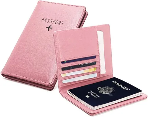 Vista 2 de AIIGOU Cartera de viaje de cuero para pasaporte con bloqueo RFID, funda de cuero para tarjetas, Rosado
