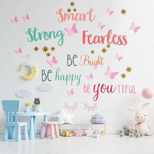Vista 2 de Chinco 20 hojas de calcomanías de pared con citas inspiradoras para niñas, 12 hojas de mariposa 3D rosa pastel, inteligente, fuerte, sin miedo, sé