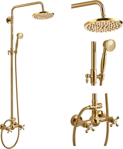 Vista 14 de gotonovo Juego de llave de ducha expuesta para baño, accesorio de ducha con cabezal efecto lluvia de 8 pulgadas, ducha de mano, mango en cruz Dorado