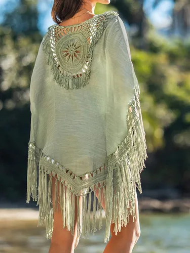 Vista 5 de CUPSHE Kimono largo con borlas para mujer, salida de baño para playa