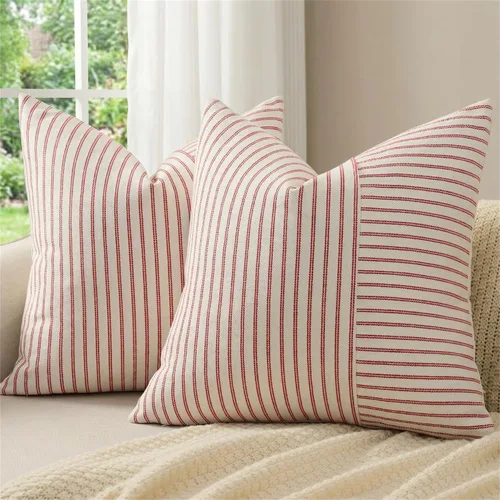 Vista 12 de Fundas de almohada de granja de 12 x 20 pulgadas, 2 fundas de almohada lumbares modernas, decorativas, de lino, con retazos de rayas negras y beige