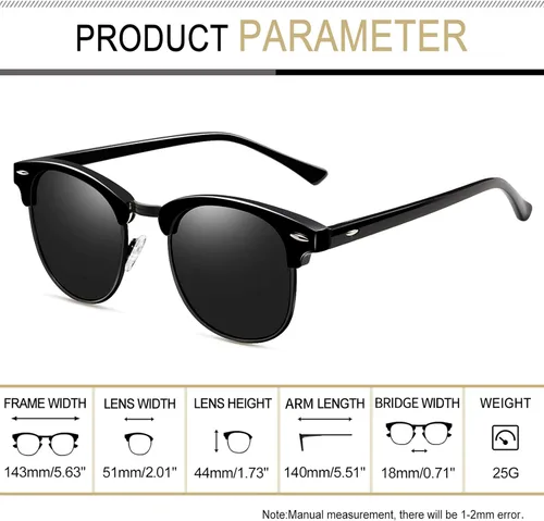 Vista 4 de Joopin Lentes de sol semi sin montura polarzied UV400, lentes de sol clásicos de medio marco para hombres y mujeres