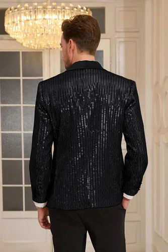 Vista 3 de GRACE KARIN Blazer de lentejuelas brillantes para hombre, con un botón, chal, solapa, esmoquin, fiesta, cena, baile de graduación