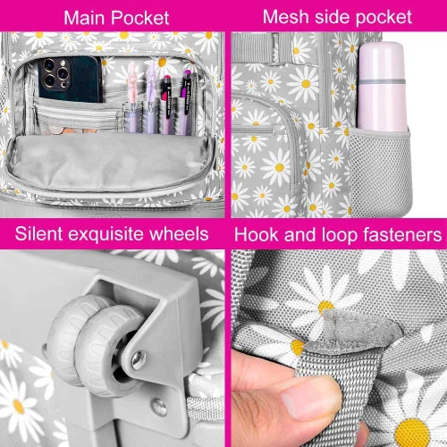 Vista 4 de AGSDON Mochila con ruedas para niñas, bolsa de libros con ruedas enrollables, mochila escolar con ruedas para computadora portátil con ruedas