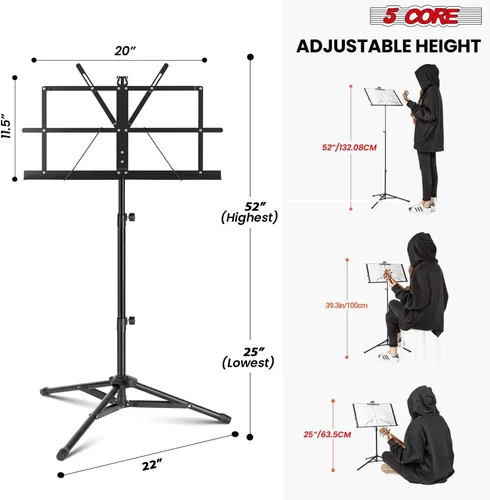 Vista 3 de 5 CORE Soporte de partituras portátil de doble uso para libros de escritorio, trípode ligero plegable ajustable de 52 pulgadas con bolsa de Negro