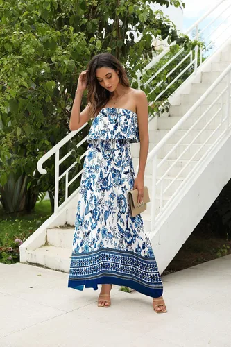 Vista 5 de ZMPSIISA Vestido largo de verano para mujer, con hombros descubiertos, sin A-flor azul