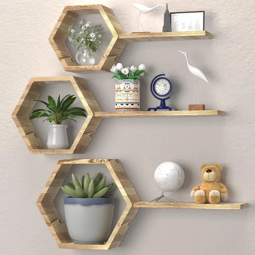 Vista 11 de Estantes hexagonales flotantes geométricos de panal – Estantes flotantes hexagonales montados en la pared, estantes de pared de panal juego de 6