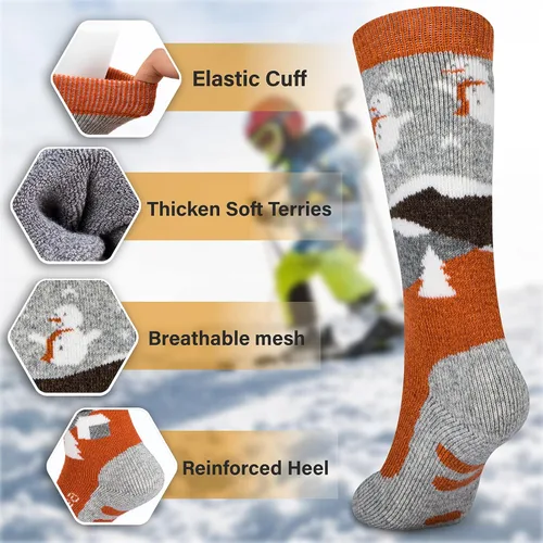 Vista 5 de Hylaea Calcetines de esquí de lana merino para niños, calcetines térmicos cálidos hasta la rodilla para patinaje de snowboard para niños y niñas