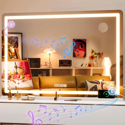 Vista 42 de Hasipu Espejo de tocador con luces, espejo LED de maquillaje de 31.5 x 22 pulgadas, espejo de maquillaje iluminado con 3 modos regulables, espejo