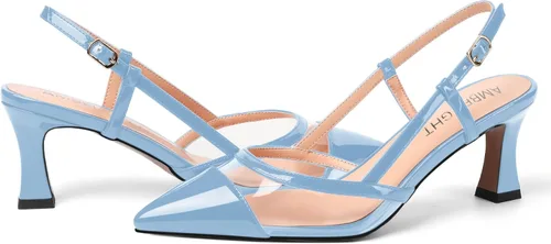 Vista 6 de AMBELIGHT Zapatos de tacón medio con hebilla transparente para mujer, con puntera puntiaguda, de 2.5 pulgadas