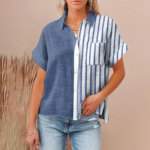 Vista 3 de Camisa de manga corta con cuello abierto para mujer, con múltiples botones, blusa casual de lino y algodón para verano