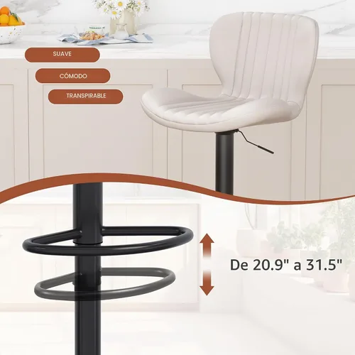 Vista 3 de JAMFLY Juego de 2 taburetes de bar, taburetes de bar ajustables de cuero, taburetes de bar modernos, sillas de isla juego de 2 para cocina
