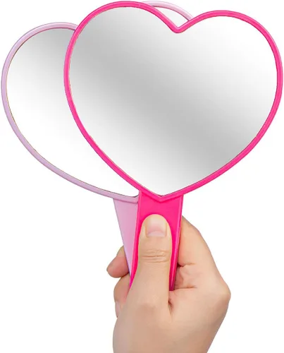 Vista 3 de Espejo de mano de maquillaje en forma de corazón, espejo de mano de viaje, espejo cosmético personal portátil con mango (rojo rosa)