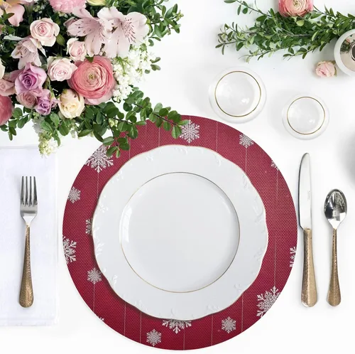 Vista 5 de White Snowflakes Red Christmas Round Placemat, Non Slip Dining Table Heat Protector Mats for Kitchen one sizex1