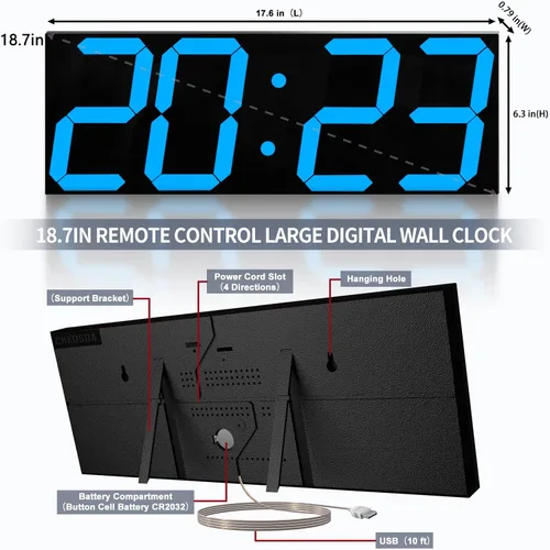 Vista 2 de CHKOSDA Reloj de pared digital grande de 18.7 pulgadas, reloj digital LED con número grande, reloj de pared multifunción con control remoto