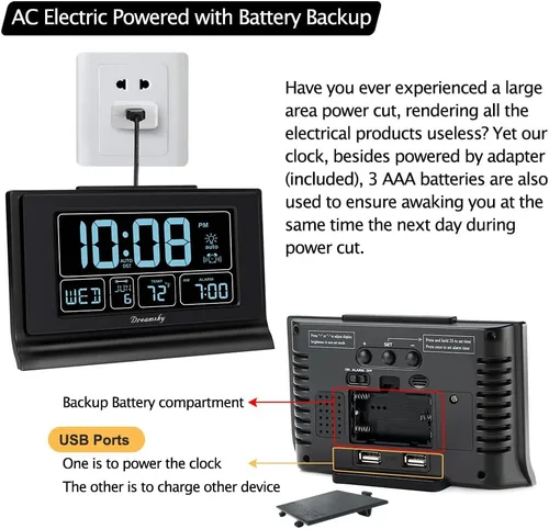 Vista 5 de DreamSky Despertadores para dormitorios con batería de respaldo, reloj digital de ajuste automático con fecha y día de la semana, temperatura