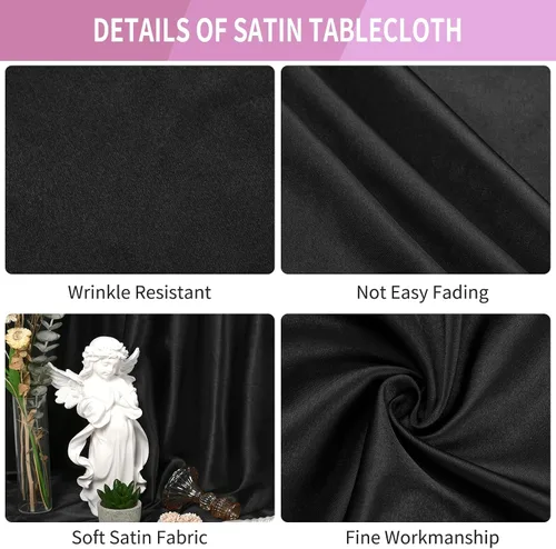 Vista 4 de Paquete de 8 manteles redondos de satén sedoso de 90 pulgadas, color negro, de seda brillante, tela lavable, mantel sedoso superpuesto