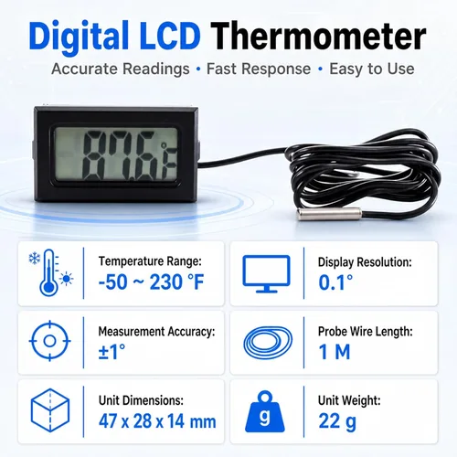 Vista 2 de Termómetro digital LCD para refrigerador, 5 unidades, Fahrenheit -Rango de 50F a 230F, resolución de 0.1 grados, para monitoreo de temperatura
