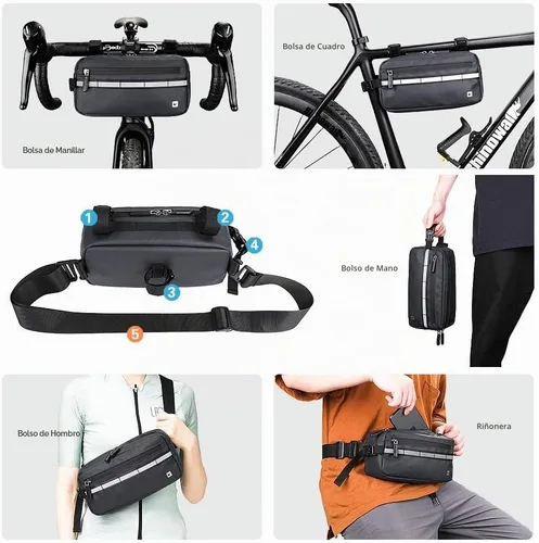 Vista 4 de Rhinowalk Bolsa de Bicicleta Impermeable, Bolsa de Manillar de Bicicleta, Bolsa de Cesta Frontal de Bicicleta, Bolsa de Hombro, Bolsa de Cintura