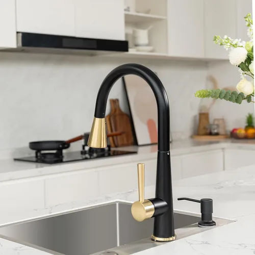 Vista 7 de Lava Odoro - Grifo de cocina con rociador extraíble, grifo de fregadero de cocina negro mate y dorado cepillado, grifo negro y latón para fregadero