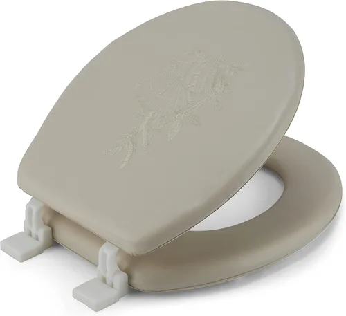 Vista 6 de J&V Textiles Asiento de inodoro redondo, suave y bordado con bisagra fácil de limpiar y cambiar, acolchado (blanco)