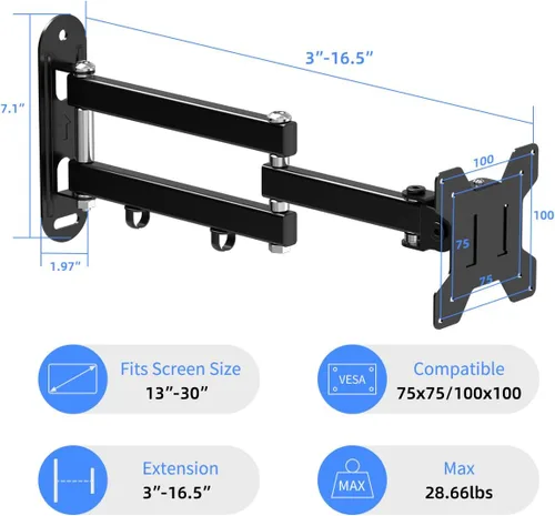 Vista 2 de suptek Soporte de Pared para TV con Brazo para Monitor Soporte de Pared para TV con Brazo para Pantalla Soporte para Monitor para 13-30" Ajustable