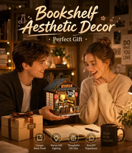 Vista 7 de Kit de rincón de libros, casa en miniatura con luces LED, rompecabezas de madera 3D para adultos, kit de construcción de casa de muñecas, regalo