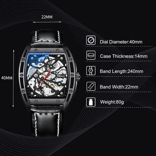 Vista 6 de RORIOS Reloj mecánico automático para hombre, con correa de piel, reloj luminoso, reloj de viento automático Tonneau
