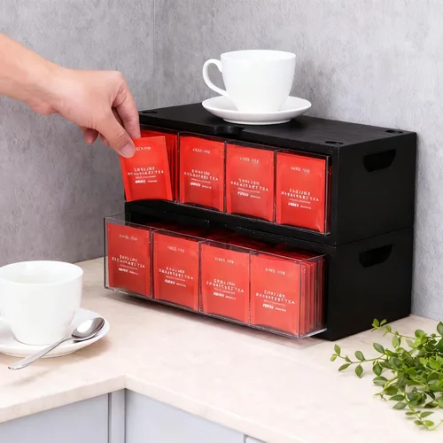 Vista 4 de Organizador apilable de bambú para bolsitas de té, juego de cajas de gran Negro