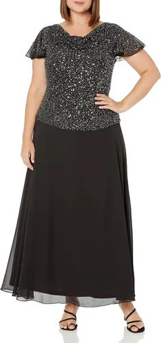 Vista 17 de J Kara Vestido largo de manga con volantes y cuello redondo y cuentas para mujer Champán Multi