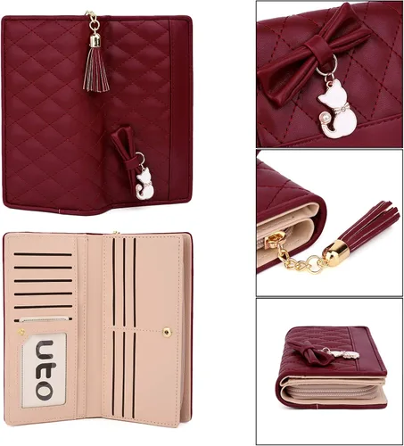 Vista 5 de UTO Cartera de piel sintética para mujer, de gran capacidad, colgante de gato, soporte para teléfono, organizador de chequera, con cremallera