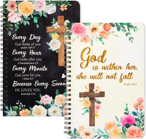 Vista 14 de Xqumoi - Paquete de 2 cuadernos en espiral A5 azules con lazo coqueto, cuadernos religiosos, versos bíblicos motivacionales, cuadernos de escritura