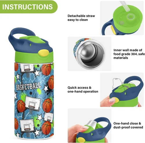 Vista 5 de Stars Basketball - Botella de agua aislada para niños y niñas con tapa de pajilla, vaso de acero inoxidable de 12 onzas, a prueba de fugas, sin BPA