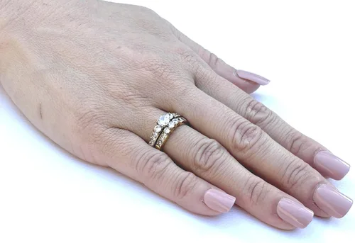 Vista 3 de Juego de 3 piezas de anillos de compromiso para él y para ella de oro IP de circonia cúbica