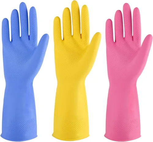 Vista 9 de Guantes de limpieza de goma, 3 o 6 pares para el hogar, guantes reutilizables para lavar platos para la cocina. Azul
