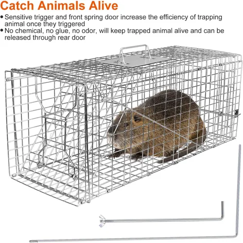 Vista 3 de iMounTEK Trampa grande para animales de 32 x 12.5 x 12 pulgadas, trampa grande para gatos humanitarios, jaula de roedores para animales vivos