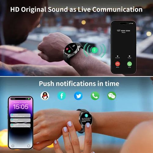 Vista 2 de KAVVO Cyber RH1 - Reloj inteligente, compatible con iOS y Android, pantalla TFT de 1.39, impermeable IP68, monitor de frecuencia cardíaca y presión