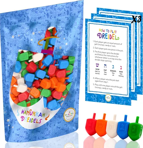 Vista 9 de The Dreidel Company Paquete de 10 Dreidels de Hanukkah de plástico multicolor con transliteración en inglés, incluye tarjetas de instrucciones