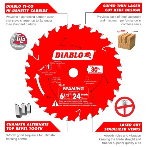 Vista 3 de Freud D0624A Diablo 6-1/2 pulgadas 24T ATB Perma-Shield Hojas para sierra de marco, paquete de 2