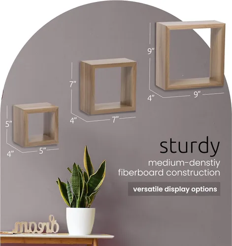 Vista 2 de Kiera Grace Juego de tres estantes flotantes cuadrados de madera de diseño rústico y atemporal Cubbi para el hogar, habitación y oficina, 5, 7 y 9