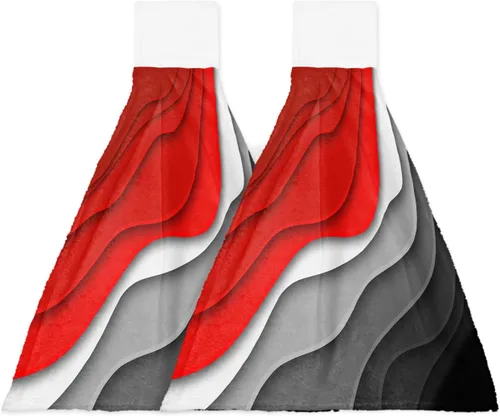 Vista 15 de Toallas de cocina con lazo para colgar, toallas de mano abstractas onduladas de color gris degradado, suaves, absorbentes, para baño, bar, hogar