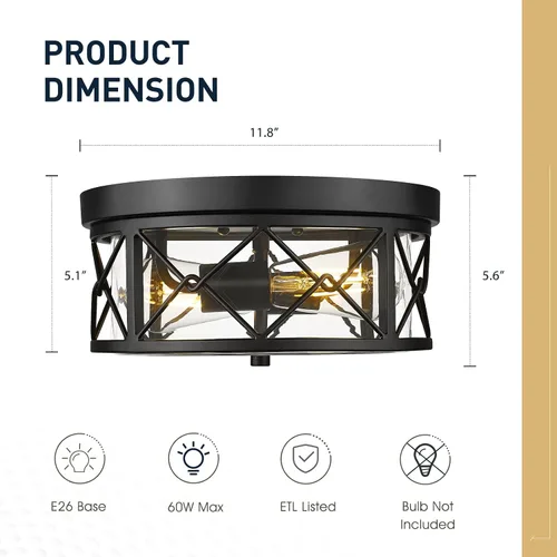 Vista 6 de zeyu ZY25-F BK - Lámpara de techo de montaje empotrado de 2 luces, 12 pulgadas para cocina con vidrio transparente, luz de techo negra, ZY25-F BK