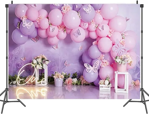 Vista 5 de Fondo de fotografía para fiesta de cumpleaños de niña, globos rosas y morados, mariposa, país de las maravillas, baby shower, flores, fondo