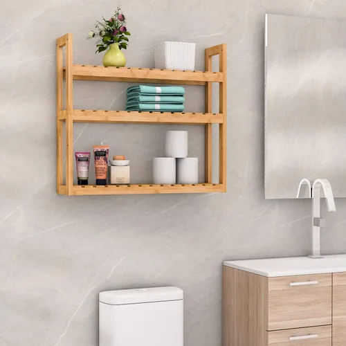 Vista 2 de Estante Domax de bambú, para baño, 3 niveles de montaje en pared, multifuncional, capa ajustable, de pie, para colocar por encima del inodoro