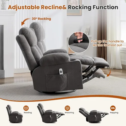 Vista 5 de Swivel Rocker Recliner Chair with Vibration Massage and Heat, Grey Fabric - 8 Massage Points, 2 Cup Holders, USB Port