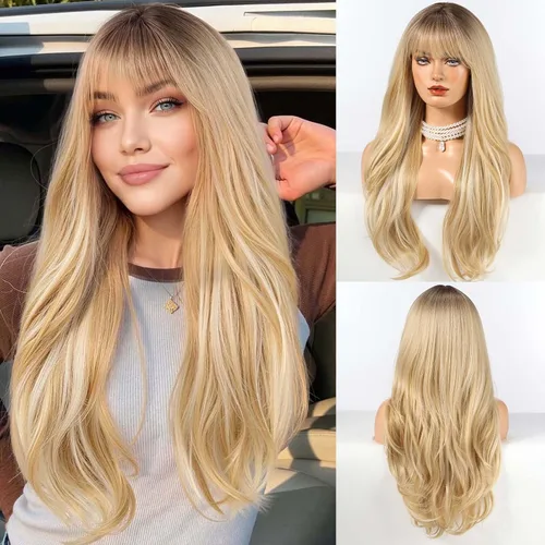 Vista 19 de HAIRCUBE Peluca larga rubia mezclada con marrón con flequillo, pelucas rizadas en capas para mujeres, pelucas sintéticas naturales para uso diario