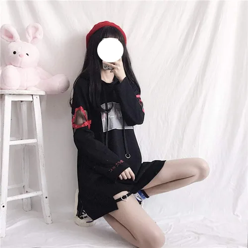 Vista 3 de Packitcute Harajuku vestido negro, estilo japonés Streetwear moda con capucha mini vestidos blancos